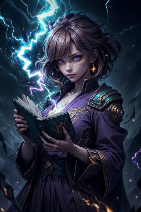 a woman in a purple dress holding a book with lightning coming out of it