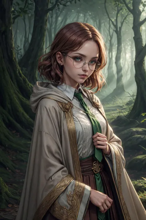 a woman in a cloak and glasses standing in a forest