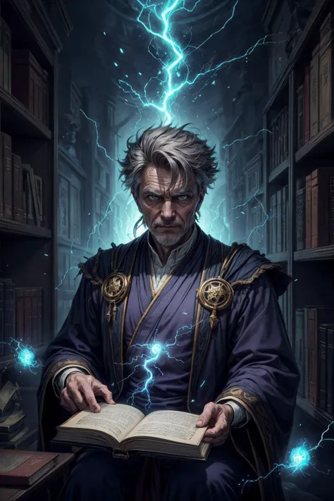 a man sitting in a library holding a book with lightning coming out of it