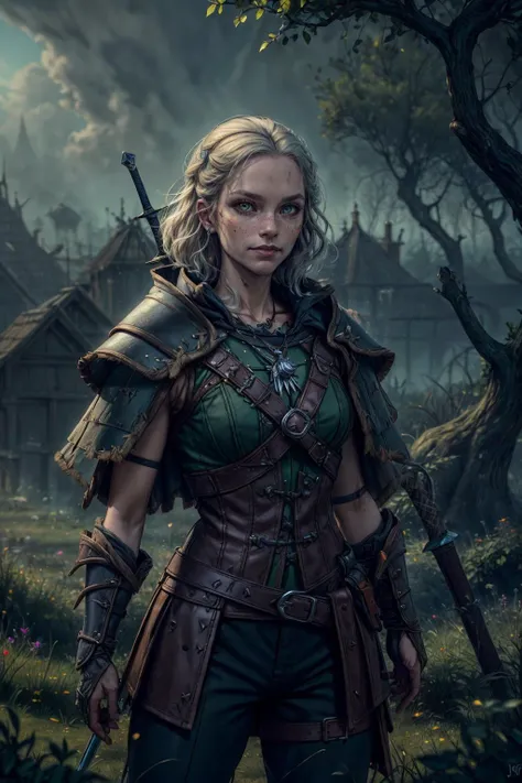 a woman in a green outfit holding a sword in a forest