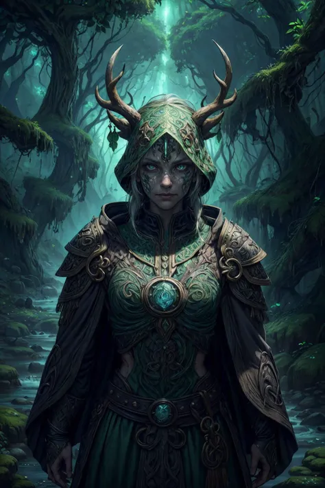 a woman in a green dress and horned horns stands in a forest