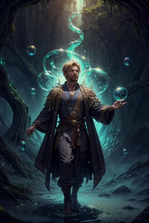 a man in a robe and cape holding bubbles in a forest