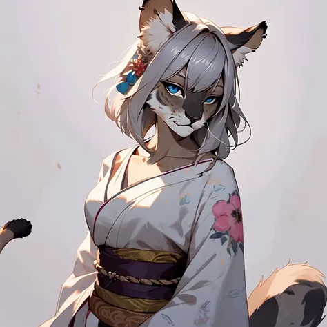 <lora:niji_khajit_3:1.0> (niji_khajit:1.0), animal hands, tail, (khajiit:1.0), furry,  1girl, :<, animal ear fluff, animal ears, bangs, blue eyes, blush, closed mouth, collarbone, cropped torso, eyebrows visible through hair, floral background, hair orname...