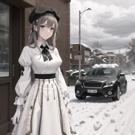 2girls, arms at sides, bangs, beret, black headwear, black neckwear, black ribbon, black skirt, blue eyes, blurry, brown hair, building, buttons, car, closed mouth, clouds, cloudy sky, cowboy shot, day, depth of field, dress, dress shirt, eve (chihuri), ex...