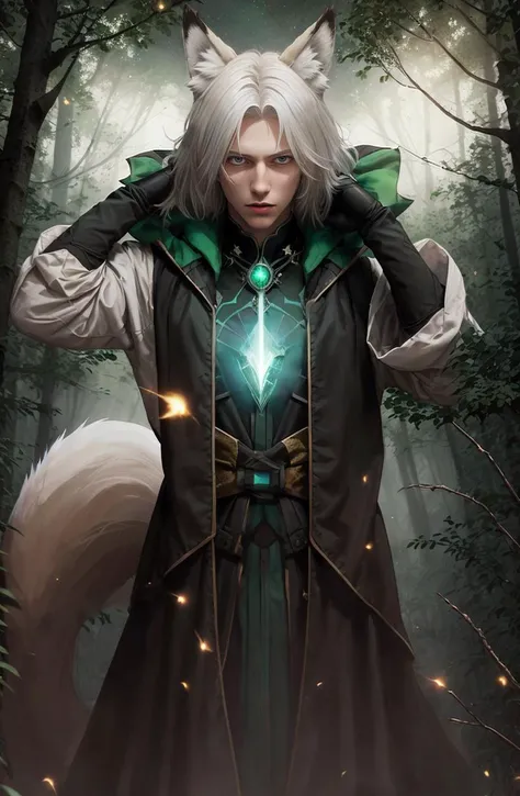 style by CrystalGraziano, medieval portrait, necromancer, regal and charismatic, male kitsune sorcerer, adulte male, white hair, fox ears, green eyes, ((BEST QUALITY)), ((MASTERPIECE)), ((HIGH RES)), ((CINEMATIC LIGHTING)), ((DETAILED)), masterpiece, best ...