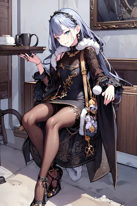 ((masterpiece)), (((best quality))), ((ultra-detailed)), beautiful detailed eyes, illustration,  <lora:Yoisaki_Kanade_v3-10:0.5>, Yoisaki Kanade, long sleeves, smile, whole body, shamed, Halterneck_Bodycon_Dress, Faux_Fur_Coat, Strappy_Heels, Statement_Rin...