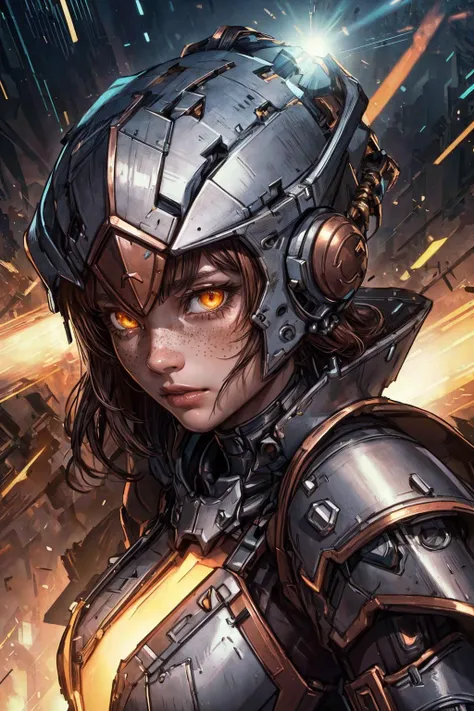 a close up of a woman in a helmet with a sci - punk look