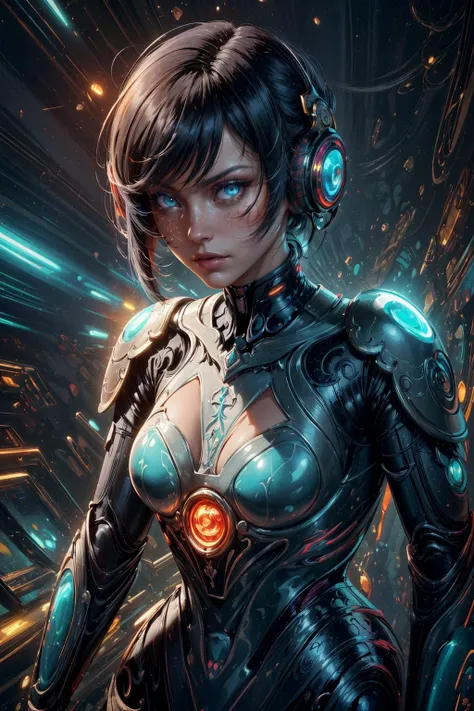 a woman in a futuristic suit with headphones and glowing lights