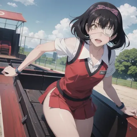 (masterpiece), 1girl,  dodgem, small cart, kawai, fun park, ikishima midari, short hair, black hair, eyepatch, kawai <lora:Kizuki - Kakegurui Ikishima Midari LoRA:1>