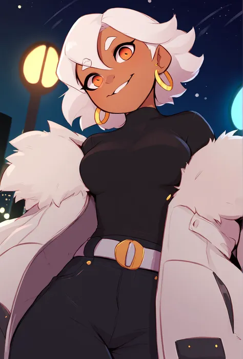 a cartoon picture of a woman in a fur coat and a black top