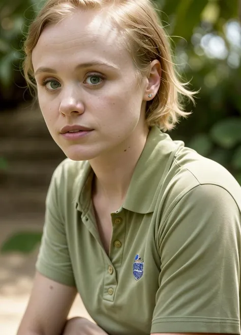 A stunning intricate color close up portrait of (alisonpill-ti:1) , wearing Polo shirt and khaki shorts, epic character composition, sharp focus, natural lighting, subsurface scattering, f2, 35mm, film grain, , by Edward Weston