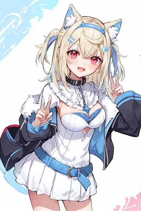 1girl, red eyes, (masterpiece, top quality, best quality, official art, beautiful and aesthetic,:1.2),
 fuwawa_abyssgard, blonde hair,  medium hair, dog ears, (white background:1.3), cowboy shot, peace sigh, smile, :D, (dynamic pose), (straight on:1.2), lo...