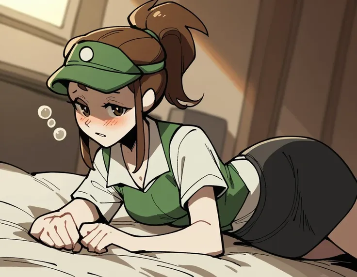 anime girl laying on bed with green hat and green shirt