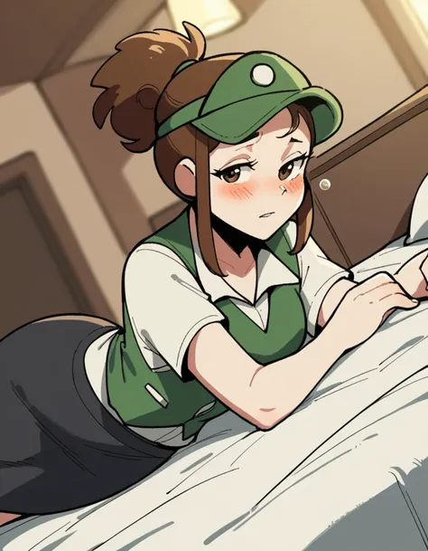 anime girl laying on bed with a green hat on