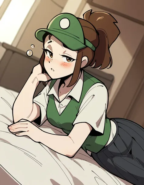 anime girl laying on bed with green hat and green vest