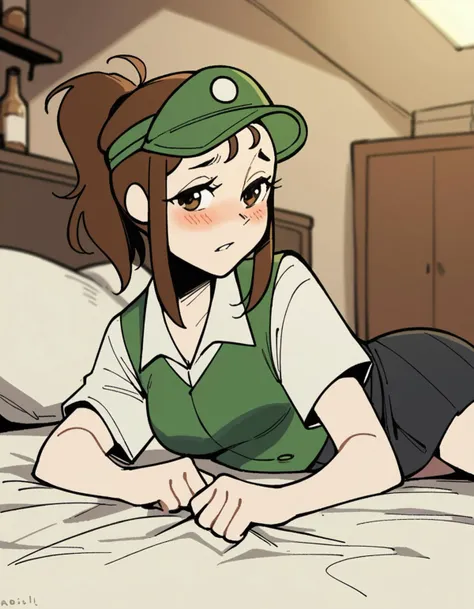 anime girl laying on bed with green hat and green dress