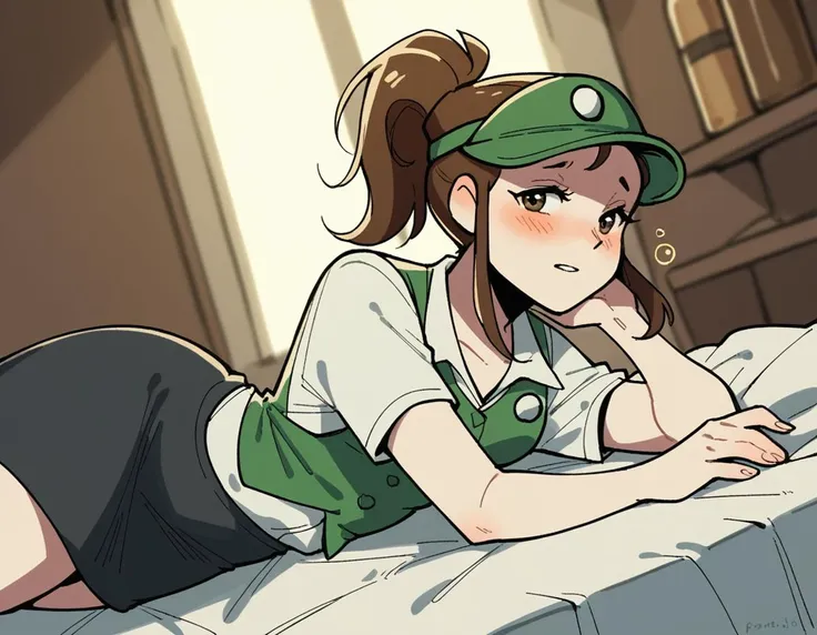 anime girl laying on bed with green hat and green shirt