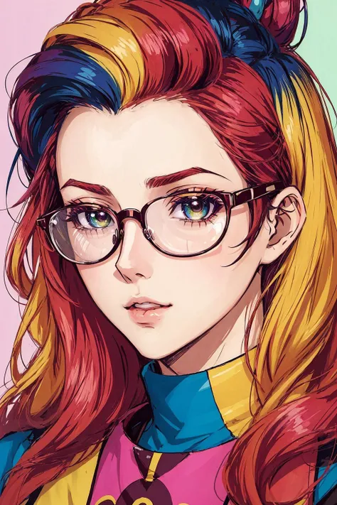 1girl, nerdy, <lora:nerdy_fc_v1.0.safetensors:0.5>, glasses, anime, absurdres illustration,, analog style, modelshoot style, portrait of woman by Flora Borsi, style by Flora Borsi, bold, bright colours, rainbow Mohawk haircut, ((Flora Borsi))