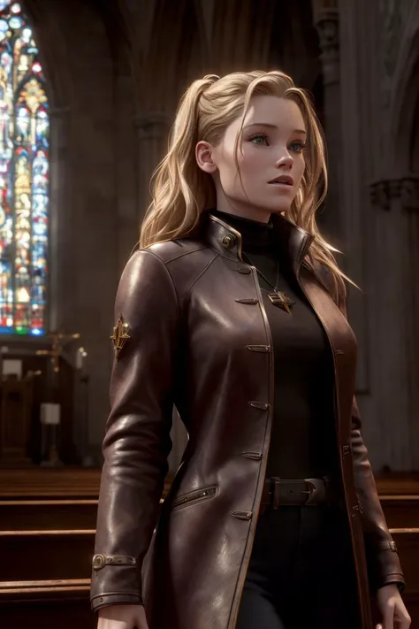 photo of S082_VirginiaGardner, a beautiful woman, in a (church:1.1), wearing a coat, (SFW:1.2), (8k, RAW photo, best quality, DOF, ultra high res:1.2), (absurdres, intricate, photorealistic, masterpiece, ultra-detailed, Unreal Engine:1.3)