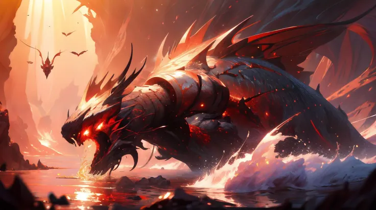 a close up of a dragon attacking a rock in a body of water