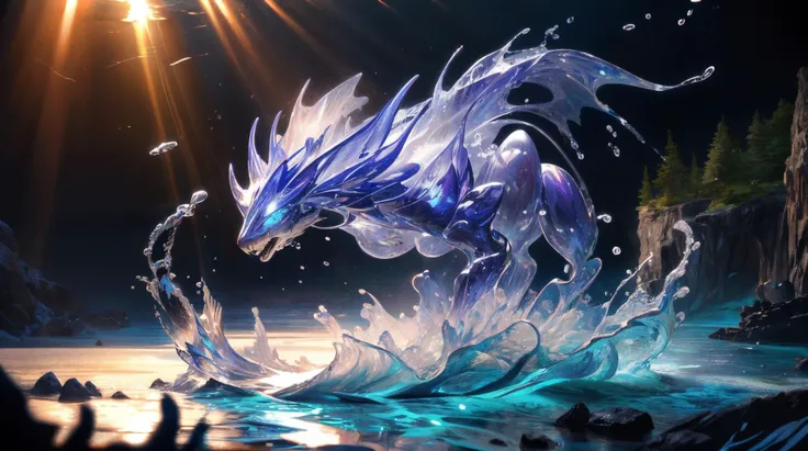 a blue and white dragon is splashing water on a rock