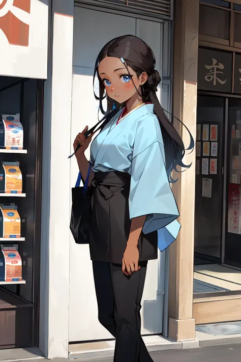 anime girl in blue kimono standing on the sidewalk in front of a store