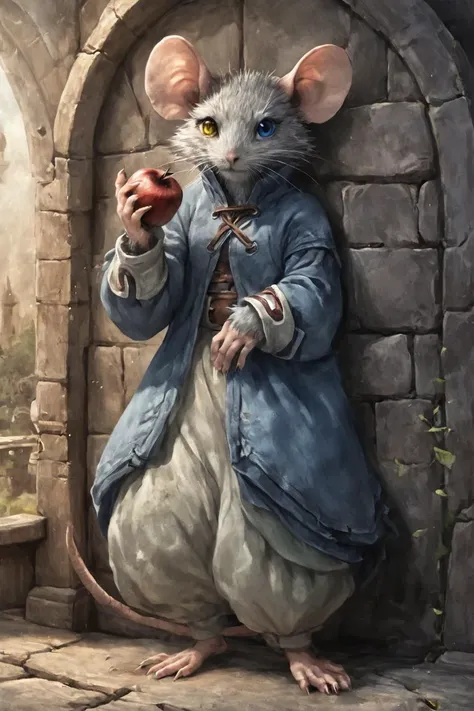 painting of a mouse in a blue coat holding an apple