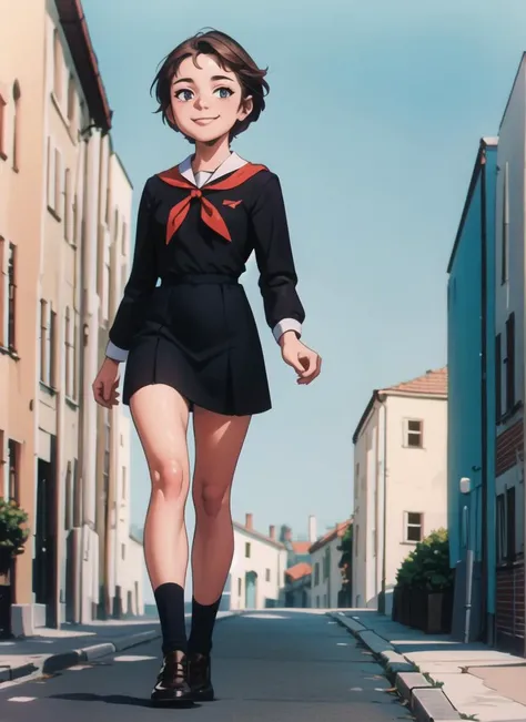 masterpiece, full body, beautiful 20 years old student walking down soviet streets, short hair, smile, black dress school unifor...