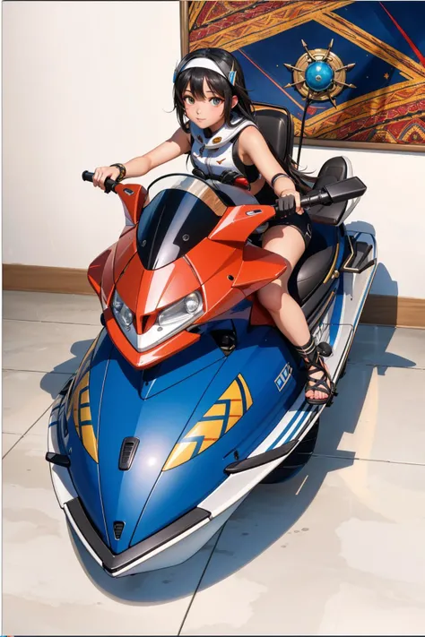 1girl, masterpiece Unreal Engine, stylized, wide shot of a Enticing Warm traditional Mediterranean ([Horse-drawn carriage:Jet ski:3] of Bose:1.3) , it is anthropomorphic with a face, it is engraved with Paisley and Azure patterns, from inside of a [Enigmat...