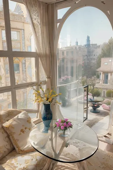 (scenery outside the window:1.6),indoors no humans, contemporary, intricate, sunlight, (close-up from above:1.1),
a big (ceramics vase:1.1) on round (transparent glass table:1.1), colorful flower, luxury square carpet living room,
open window (lace curtain...