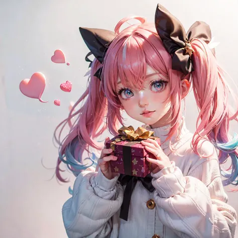 girl,puffy sleeves,crescent hair ornament,blush,holding gift,heart,streaked hair,star (symbol),gloves,looking at viewer,bow,multicolored hair,white gloves,closed mouth,valentine,twintails,hair intakes,pink hair,puffy long sleeves,crescent,green eyes,solo,p...