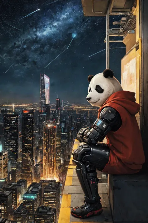 a close up of a panda bear sitting on a ledge in front of a city