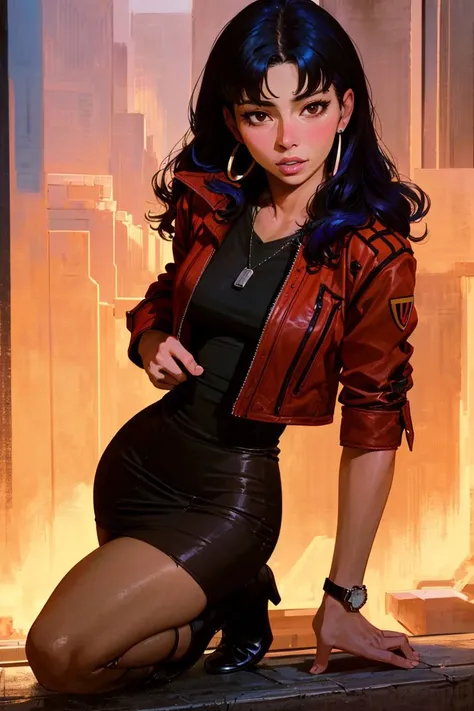 a close up of a woman in a leather jacket and skirt