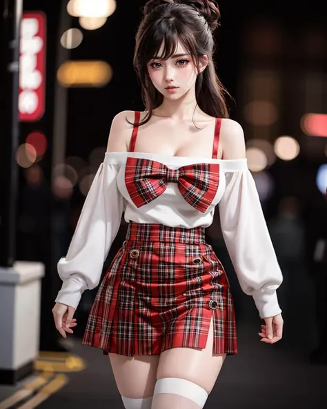 1girl,solo,Special clothes60,bow,pleated skirt,long hair,hair bun,plump,large breasts,anime_style_blush,brown exquisite eyes,looking at viewer,walking,open mouth,cowboy shot,(outdoors,night,cityscape,neon lights,depth of field),masterpiece,best quality,ext...