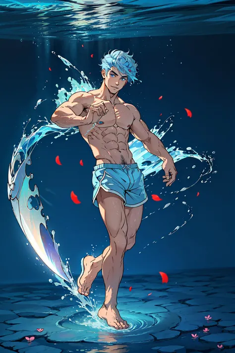 masterpiece,
best quality,
1boy,
toned,
light blue hair,
water hair,
light blue eyes,
flying petals,
water blade,
light blue water magic circle,
light blue shorts,
sidelighting,
light particles,
slippers,
abstract