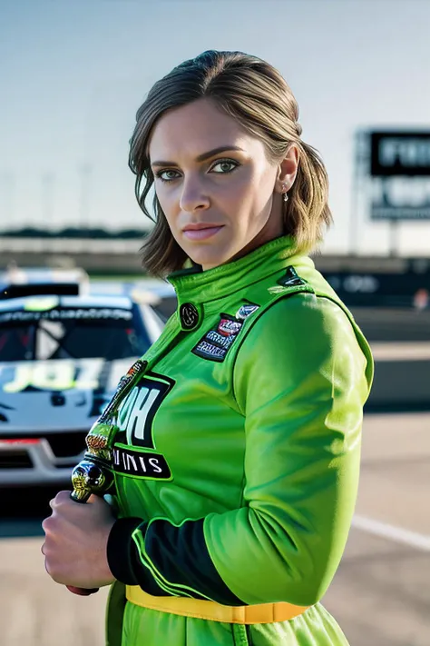 a sports photograph of beautiful (RB100m:1.1) woman,as a NASCAR race car driver,wearing a (lime green) racing firesuit,standing next to racing stock car,parked in victory lane,holding championship trophy,speedway in background,sports magazine photoshoot,sh...