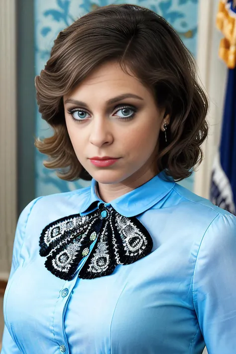 a professional photograph of beautiful (RB100m:1.1) woman,as the US President,wearing a (dark suit with light blue blouse:1.2),standing in front of the Resolution Desk in the Oval Office in the White House,arms crossed with serious expression,perfect wavy ...