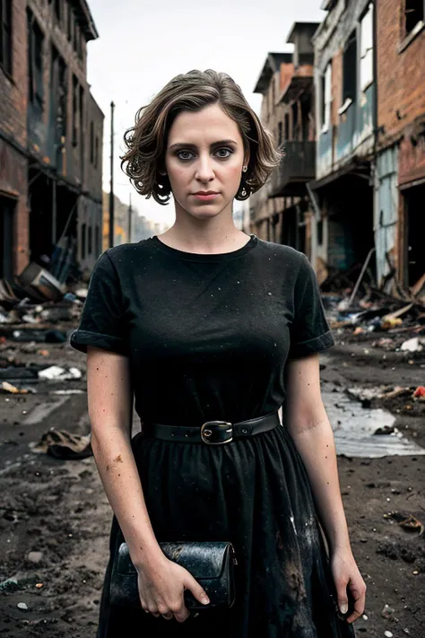 a realistic photograph of beautiful (RB100m:1.1) woman holding black plastic grocery bag,standing in slum back alley,wearing filthy old dress,clothes smeared with dirt and oil,rusted belt buckle,in the ruins of a dystopian village ravaged by war,sweaty fac...