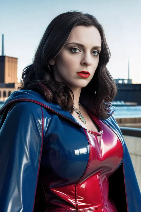 a realistic photograph of beautiful (RB100m:1.1) woman as a (fit and thin:1.2)(Super villain:1.2),from the (future:1.2),at a (old power plant:1.2),wearing a (dark red polymer latex hero outfit:1.2) with (indigo carbon fiber flak jacket and cape:1.2),cospla...