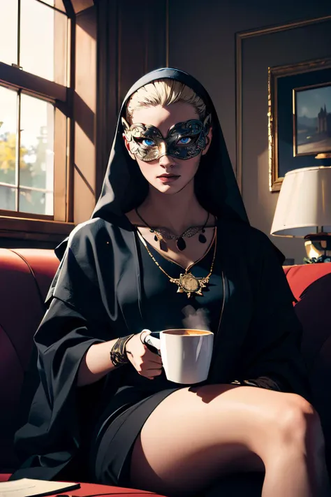 maranda, blue eyes, blonde hair, black robes, jewelry, veil, mask, necklace, sharp gloves, looking at viewer, serious, sitting, on large sofa, holding coffee mug, inside fancy living room, soft lighting, high quality, masterpiece,  <lora:mothermaranda:.8>