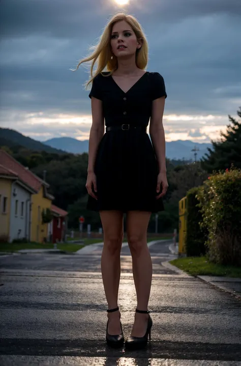 tv_Candee_Licious_PS, , tearful sad expression, "ready-for-a-funeral", black dress, looking down, in a rainy graveyard at dusk, ((full body shot)),, deep shadows, highly detailed, professional, night sky, soft volumetric lighting, realistic, roughness, ult...