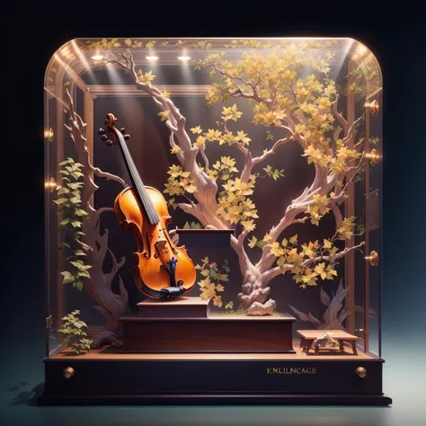 a close up of a violin in a glass case with a tree