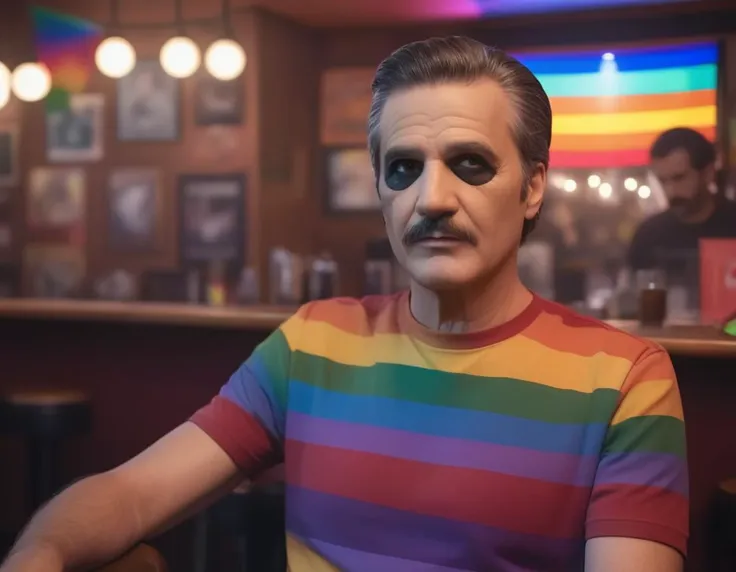 a close up of a person sitting at a bar with a mustache