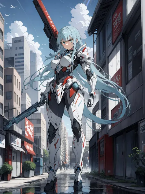 a woman in a futuristic outfit holding a gun in a city