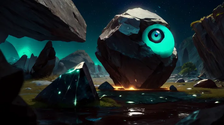 a close up of a rock with a glowing eye on it