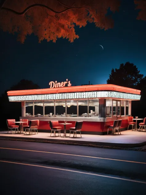 diners are lit up at night in a dark city