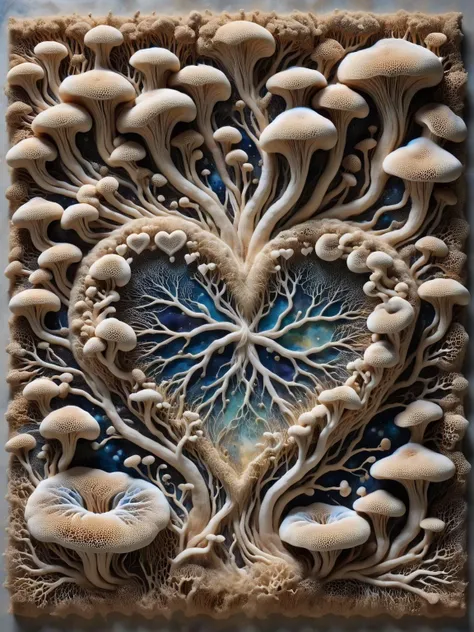 a close up of a piece of art with mushrooms and trees