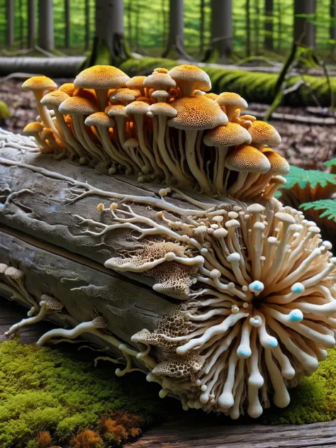 mushrooms on a log in the woods with moss and trees