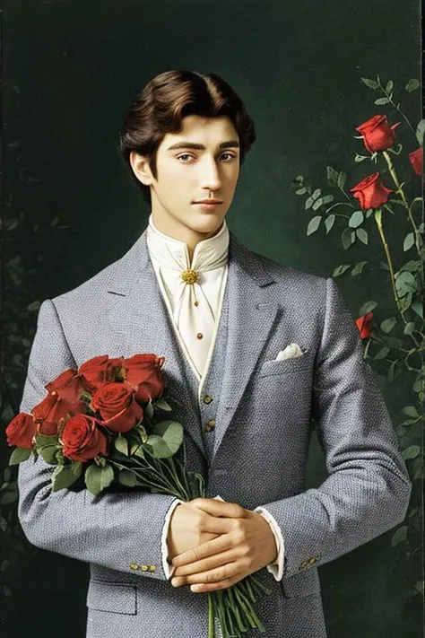 A dashing Prince holding a bouquet of roses