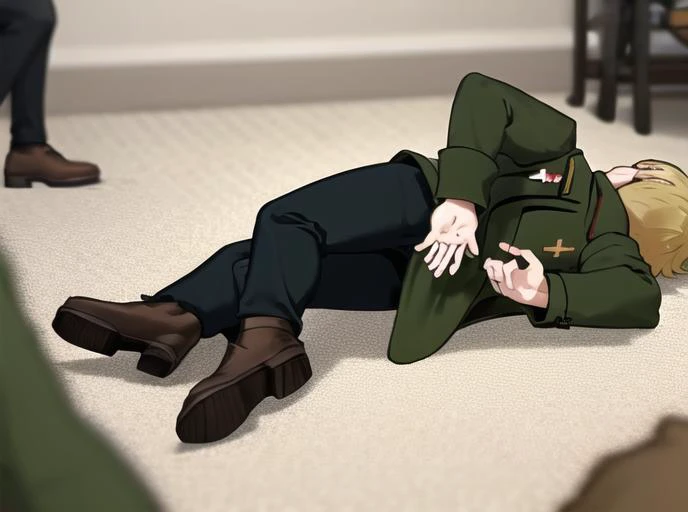 <lyco:Deathpose-08:0.7> Deathpose, blonde hair, male focus, boots, multiple boys, pants, 2boys, blurry, uniform, military, military uniform, on side, parody, brown footwear, green jacket